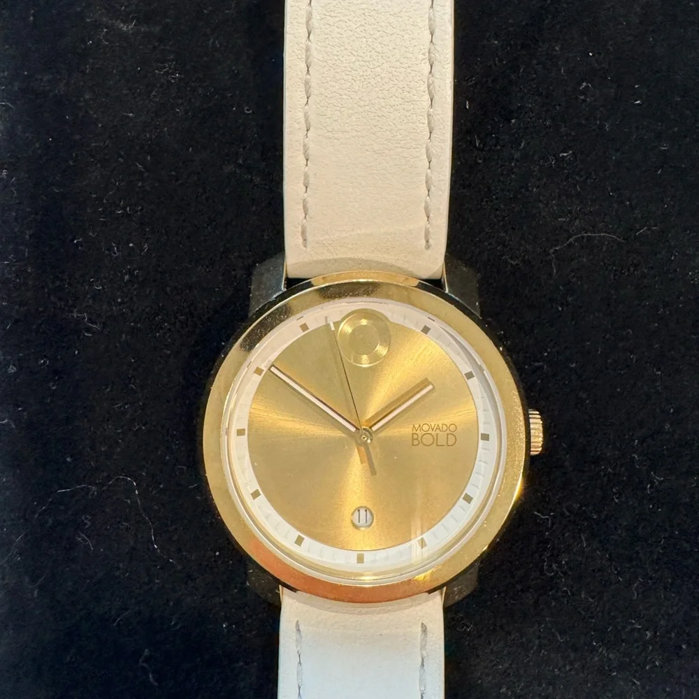 Movado Bold Gold and White leather Strap Womens Watch
